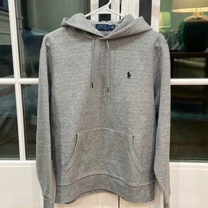 Mens hooded grey polo sweatshirt.